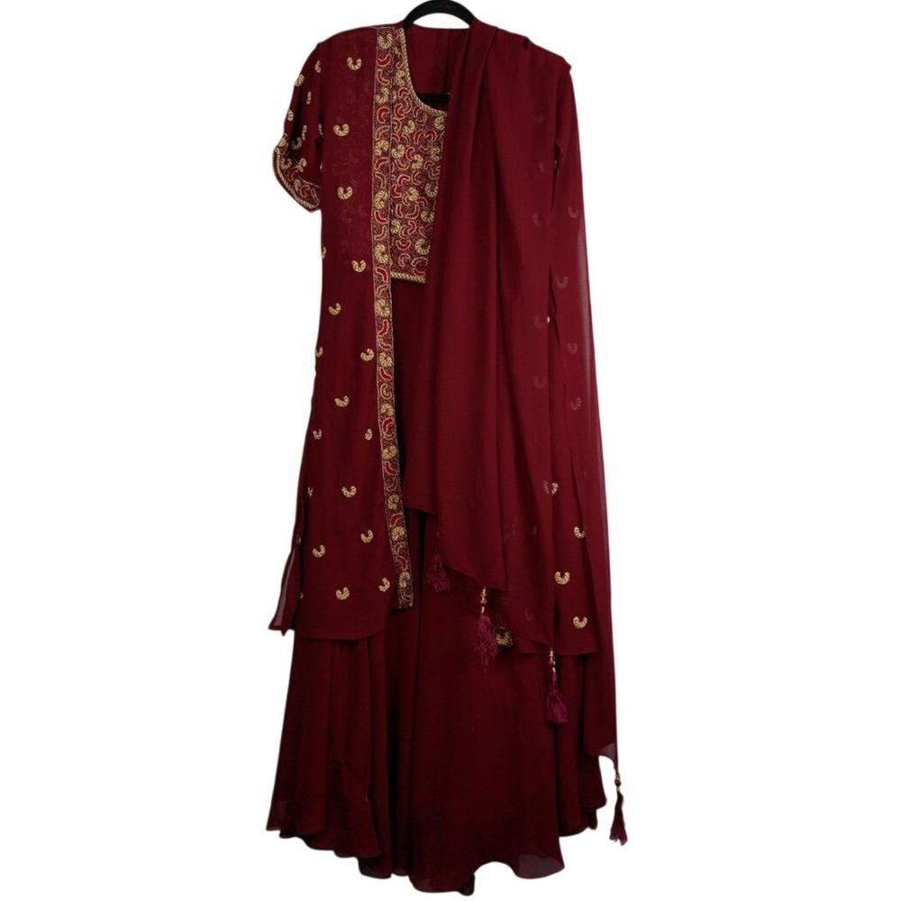 Four‎ Piece Lehenga Choli Red Chiffon Gold Embroidered Skirt Crop Top Scarf XS